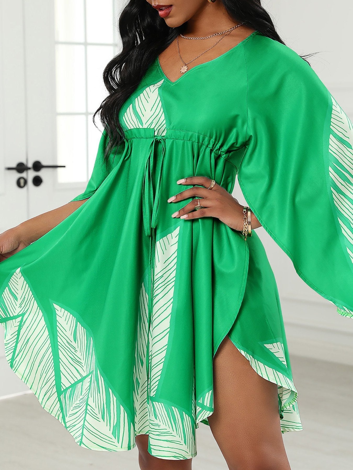 Cape Sleeve Leaves Print Ruched Dress - Mini Dresses - INS | Online Fashion Free Shipping Clothing, Dresses, Tops, Shoes - 28/04/2021 - Category_Mini Dresses - Color_Green