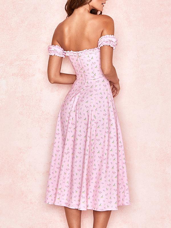 Card Shoulder Printed High Split Midi Dress - Midi Dresses - INS | Online Fashion Free Shipping Clothing, Dresses, Tops, Shoes - 04/13/2021 - Colour_Pink - DRE210412757