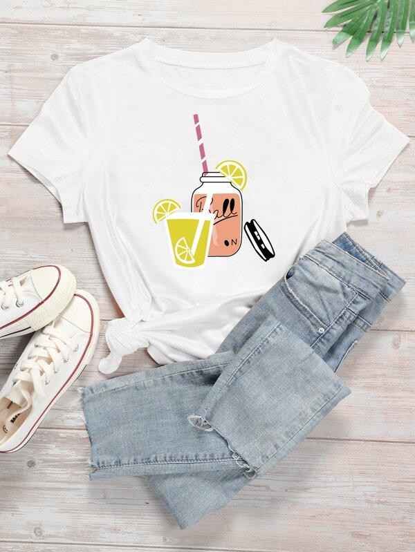 Cartoon Juice And Letter Graphic Tee - INS | Online Fashion Free Shipping Clothing, Dresses, Tops, Shoes