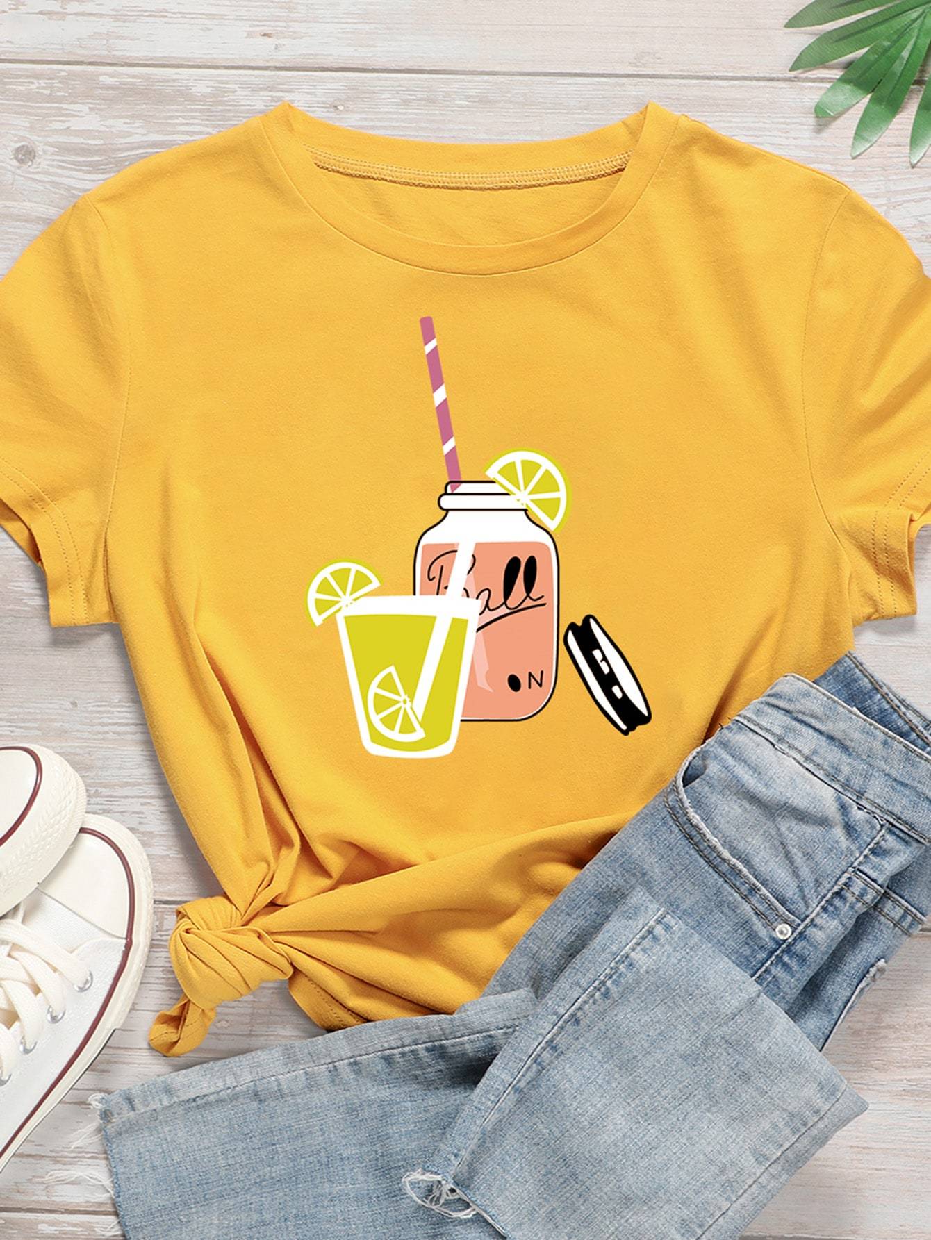 Cartoon Juice And Letter Graphic Tee - INS | Online Fashion Free Shipping Clothing, Dresses, Tops, Shoes
