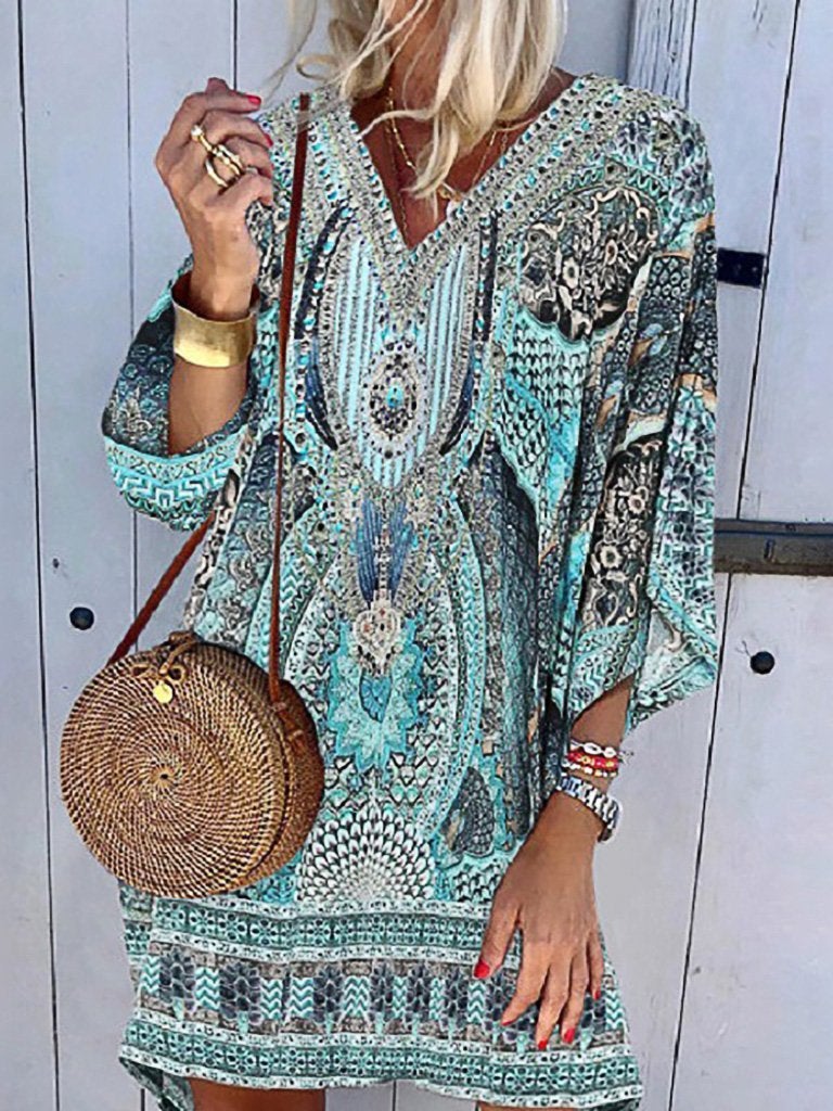 Casual Bohemian Long Sleeve Printed Dress - Mini Dresses - INS | Online Fashion Free Shipping Clothing, Dresses, Tops, Shoes - 11/06/2021 - Color_Green - DRE2106110364