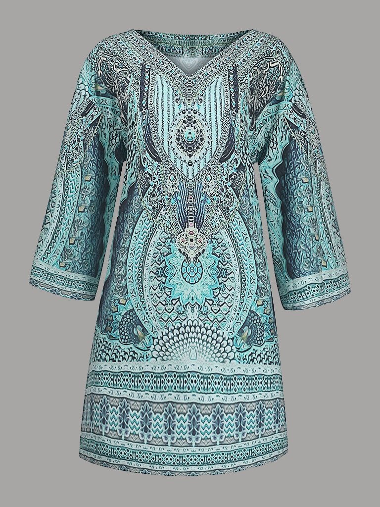 Casual Bohemian Long Sleeve Printed Dress - Mini Dresses - INS | Online Fashion Free Shipping Clothing, Dresses, Tops, Shoes - 11/06/2021 - Color_Green - DRE2106110364