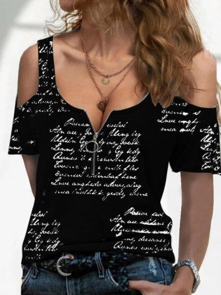 Casual Letter Print Short Sleeve V-Neck Zipper Strapless T-Shirts - T-Shirts - INS | Online Fashion Free Shipping Clothing, Dresses, Tops, Shoes - 10-20 - 30/07/2021 - Category_T-Shirts