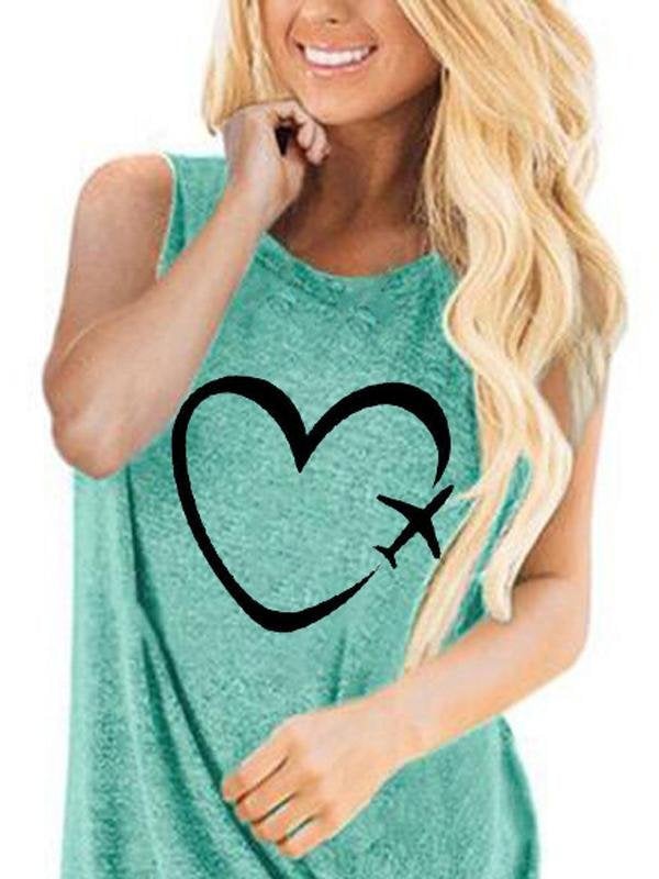 Casual Love Print Round Neck Sleeveless T-shirt - Tank Tops - INS | Online Fashion Free Shipping Clothing, Dresses, Tops, Shoes - 18/05/2021 - Color_Blue - Color_Light Green