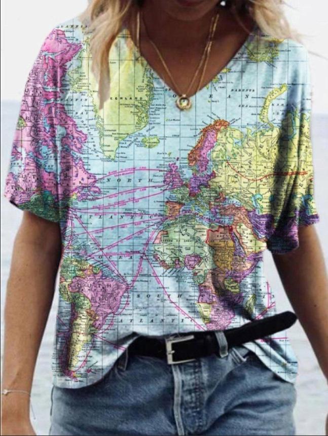 Casual Map Print V-neck Short-sleeved T-shirt - T-shirts - INS | Online Fashion Free Shipping Clothing, Dresses, Tops, Shoes - 05/06/2021 - Color_Blue - Color_Green