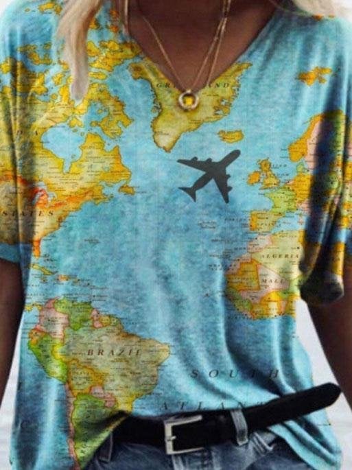 Casual Map Print V-neck Short-sleeved T-shirt - T-shirts - INS | Online Fashion Free Shipping Clothing, Dresses, Tops, Shoes - 05/06/2021 - Color_Blue - Color_Green