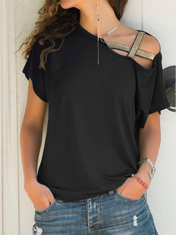 Casual Oblique Shoulder Cross Irregular Short Sleeve T-shirt - T-Shirts - INS | Online Fashion Free Shipping Clothing, Dresses, Tops, Shoes - 08/06/2021 - Category_T-Shirts - Color_Black
