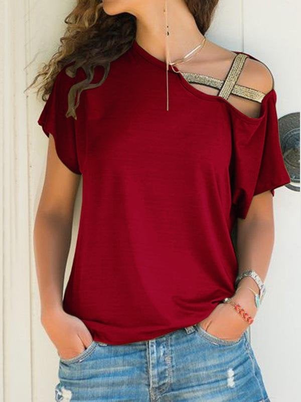 Casual Oblique Shoulder Cross Irregular Short Sleeve T-shirt - T-Shirts - INS | Online Fashion Free Shipping Clothing, Dresses, Tops, Shoes - 08/06/2021 - Category_T-Shirts - Color_Black