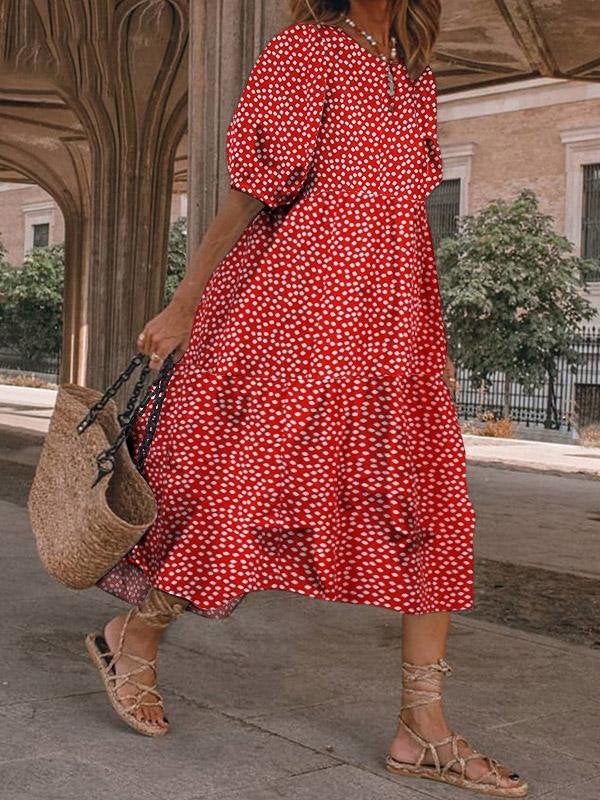 Casual Polka Dot Printed Puff Sleeve Dress - Midi Dresses - INS | Online Fashion Free Shipping Clothing, Dresses, Tops, Shoes - 20-30 - 26/07/2021 - Category_Midi Dresses