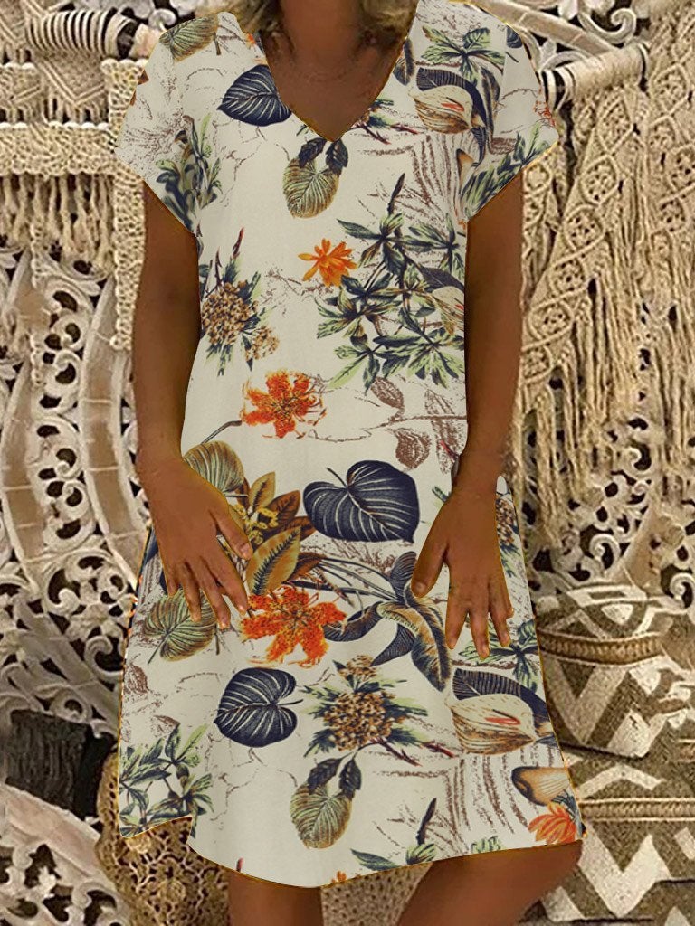 Casual Printed Short Sleeve V-neck Dress - Mini Dresses - INS | Online Fashion Free Shipping Clothing, Dresses, Tops, Shoes - 10/06/2021 - Color_Beige - DRE2106100286