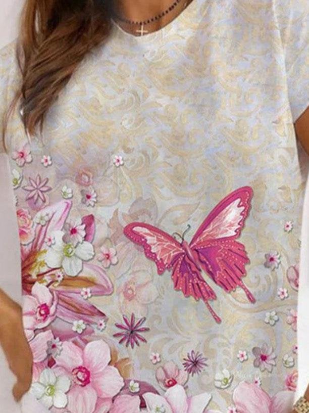 Casual Round Neck Butterfly Print Short-sleeved T-shirt - T-shirts - INS | Online Fashion Free Shipping Clothing, Dresses, Tops, Shoes - 07/06/2021 - Color_Blue - Color_Green