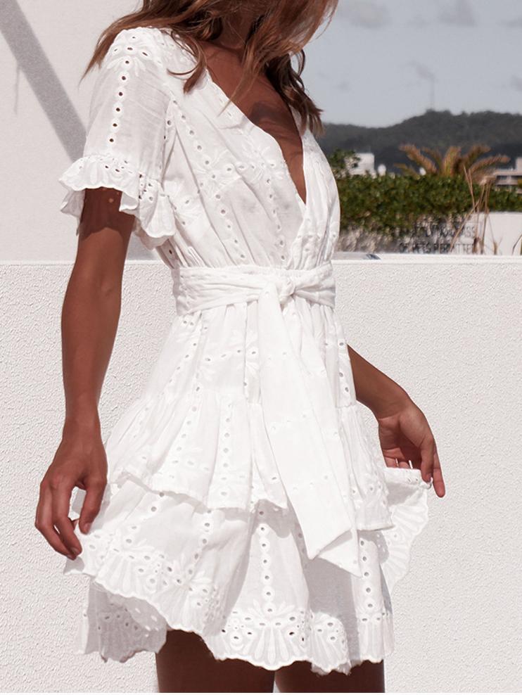 Casual Short Sleeve V-Neck Cutout Mini Dress - Mini Dresses - INS | Online Fashion Free Shipping Clothing, Dresses, Tops, Shoes - 11/06/2021 - Category_Mini Dresses - Color_White