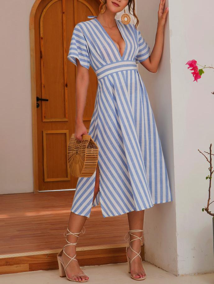 Casual Short-sleeved V-neck A-line Dress - Midi Dresses - INS | Online Fashion Free Shipping Clothing, Dresses, Tops, Shoes - 03/06/2021 - Color_Blue - DRE2106030004