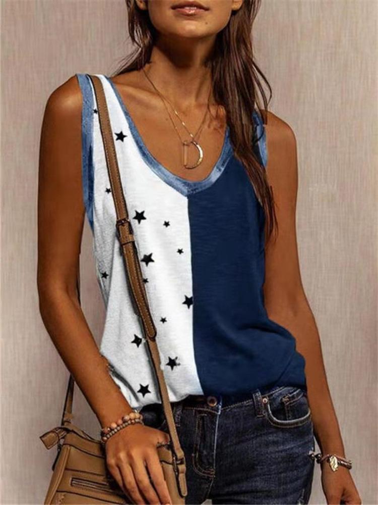 Casual Star Print Colorblock Sleeveless Vest - Tank Tops - INS | Online Fashion Free Shipping Clothing, Dresses, Tops, Shoes - 10-20 - 18/06/2021 - color-black