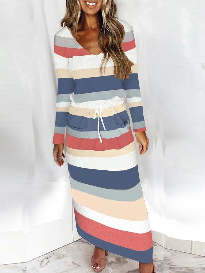 Casual Striped Contrast Long-sleeved Dress - Maxi Dresses - INS | Online Fashion Free Shipping Clothing, Dresses, Tops, Shoes - 16/07/2021 - 20-30 - color-blue