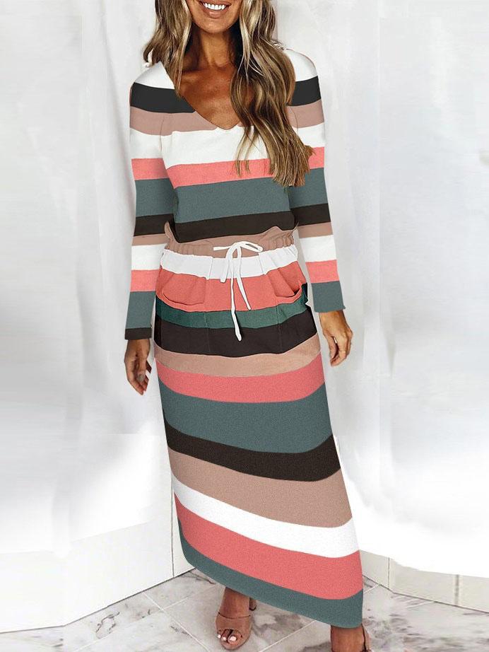 Casual Striped Contrast Long-sleeved Dress - Maxi Dresses - INS | Online Fashion Free Shipping Clothing, Dresses, Tops, Shoes - 16/07/2021 - 20-30 - color-blue