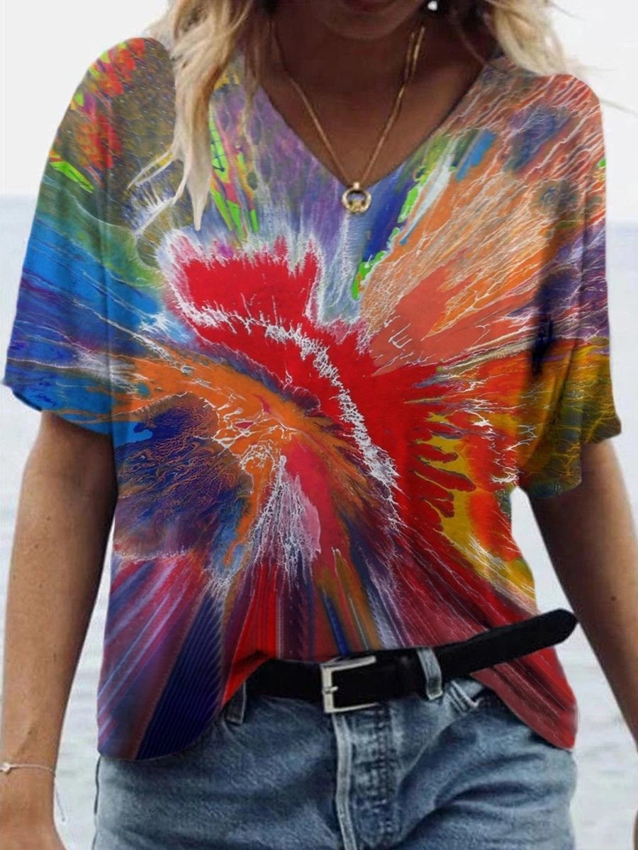 Casual Tie-dyed Print V-neck T-shirt - T-shirts - INS | Online Fashion Free Shipping Clothing, Dresses, Tops, Shoes - 08/06/2021 - Color_Blue - Color_Orange