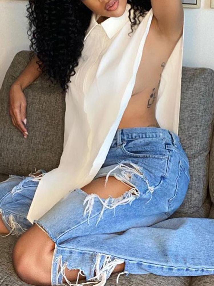 Casual Turndown Collar Split White Blouse - Blouses - INS | Online Fashion Free Shipping Clothing, Dresses, Tops, Shoes - 23/04/2021 - Blouses - Color_White