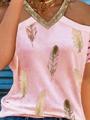 Casual V-neck Feather Print T-shirt - T-shirts - INS | Online Fashion Free Shipping Clothing, Dresses, Tops, Shoes - 07/06/2021 - Color_Blue - Color_Pink