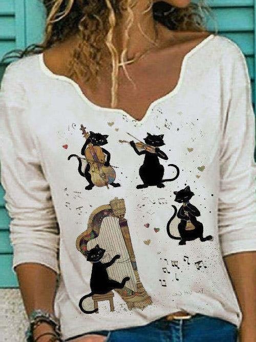 Cat Musical Instrument Print Long Sleeve Casual T-shirt - T-Shirts - INS | Online Fashion Free Shipping Clothing, Dresses, Tops, Shoes - 10-20 - 22/07/2021 - Category_T-Shirts