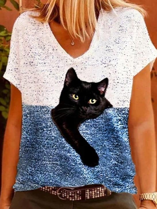 Cat Print Short Sleeve V-Neck Casual T-Shirt - T-Shirts - INS | Online Fashion Free Shipping Clothing, Dresses, Tops, Shoes - 01/07/2021 - 10-20 - Category_T-Shirts