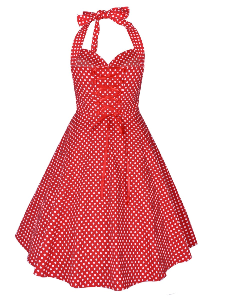 Polka Dot Dress Vintage V-neck High Waist Halter A-line Swing Dresses