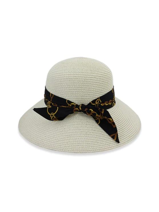 Chain Print Bowknot Wide Brim Straw Hat - INS | Online Fashion Free Shipping Clothing, Dresses, Tops, Shoes