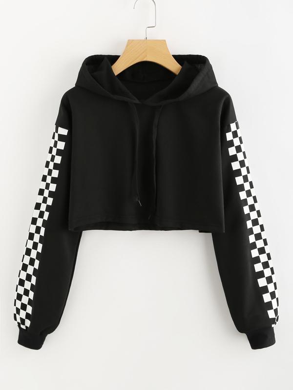 Checkered Print Cropped Drawstring Hoodie - INS | Online Fashion Free Shipping Clothing, Dresses, Tops, Shoes