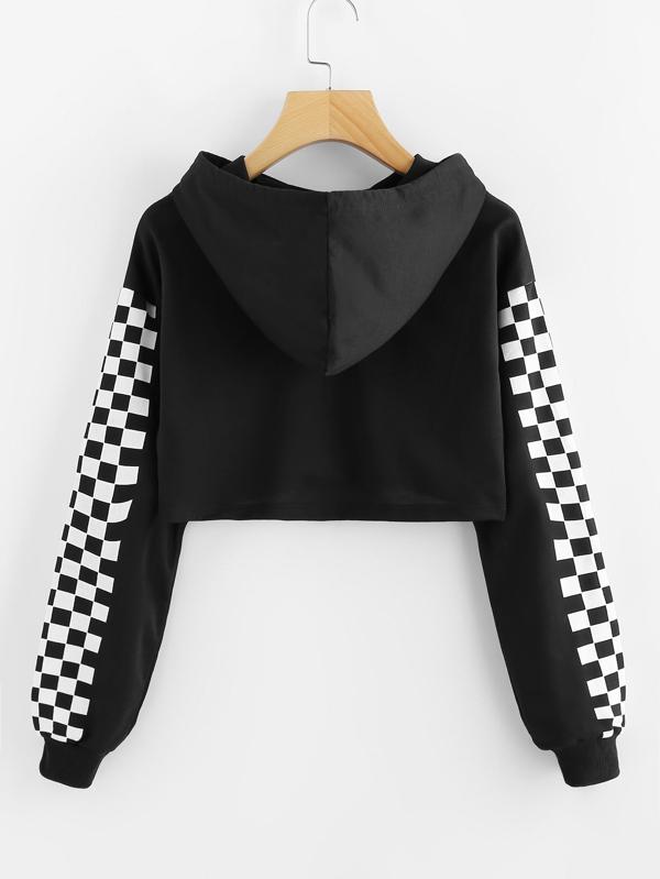 Checkered Print Cropped Drawstring Hoodie - INS | Online Fashion Free Shipping Clothing, Dresses, Tops, Shoes
