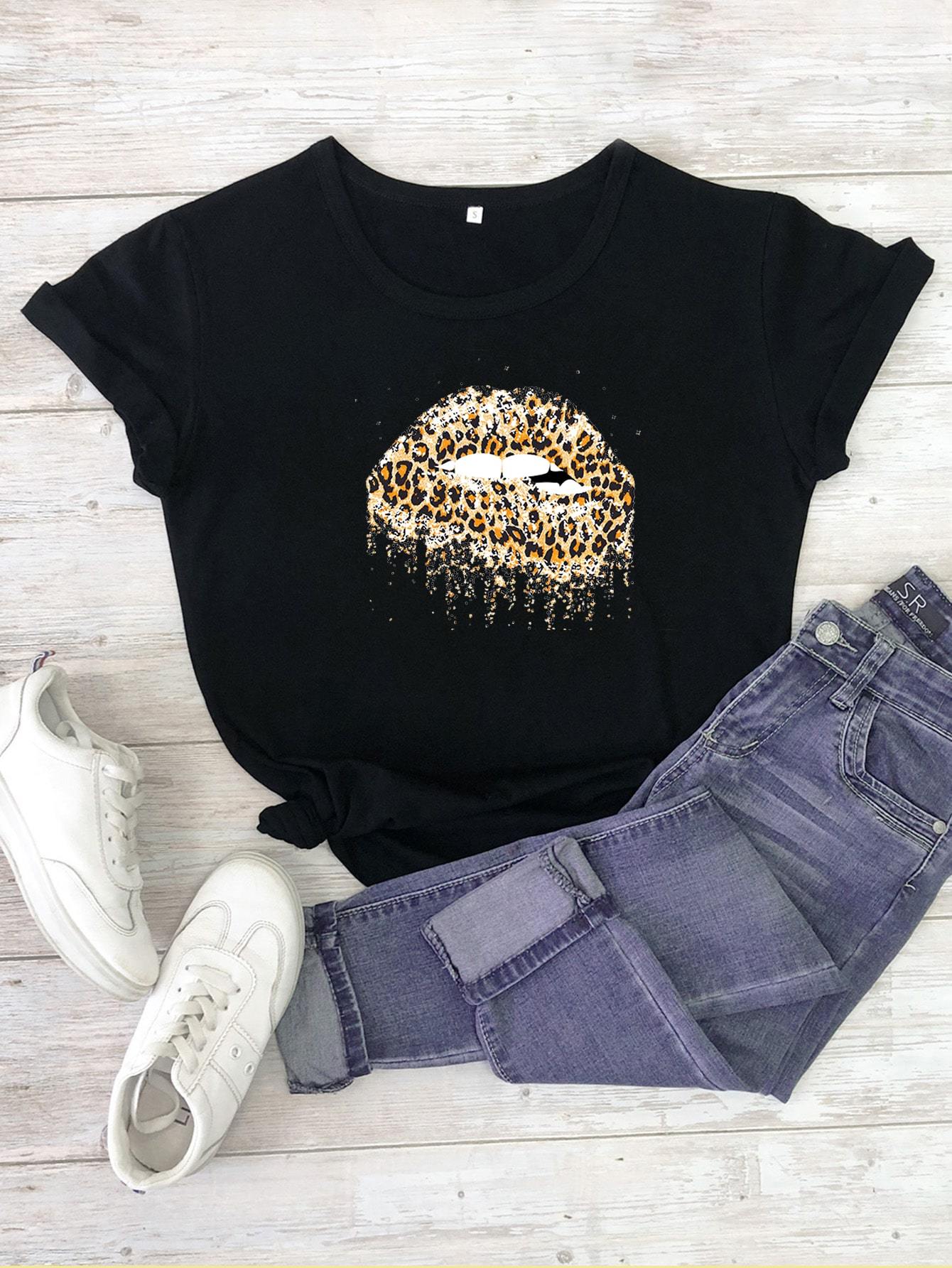Cheetah Lips Print Round Neck Tee - INS | Online Fashion Free Shipping Clothing, Dresses, Tops, Shoes