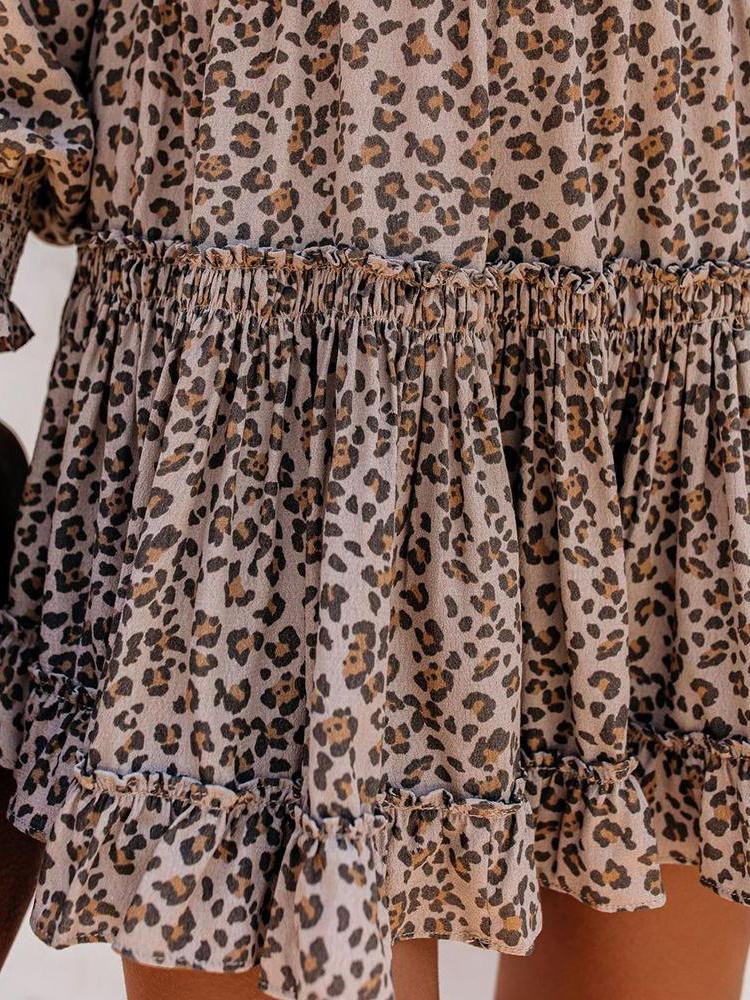 Cheetah Print Ruffles Long Sleeve Dress - Mini Dresses - INS | Online Fashion Free Shipping Clothing, Dresses, Tops, Shoes - 28/04/2021 - Category_Mini Dresses - Color_Leopard
