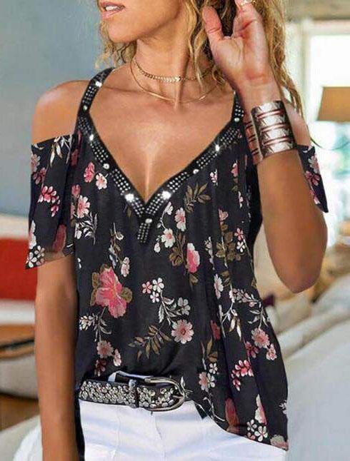 Chic V-neck Off-shoulder Short-sleeved Printed Top - T-shirts - INS | Online Fashion Free Shipping Clothing, Dresses, Tops, Shoes - 04/06/2021 - Color_Black - Color_Purple