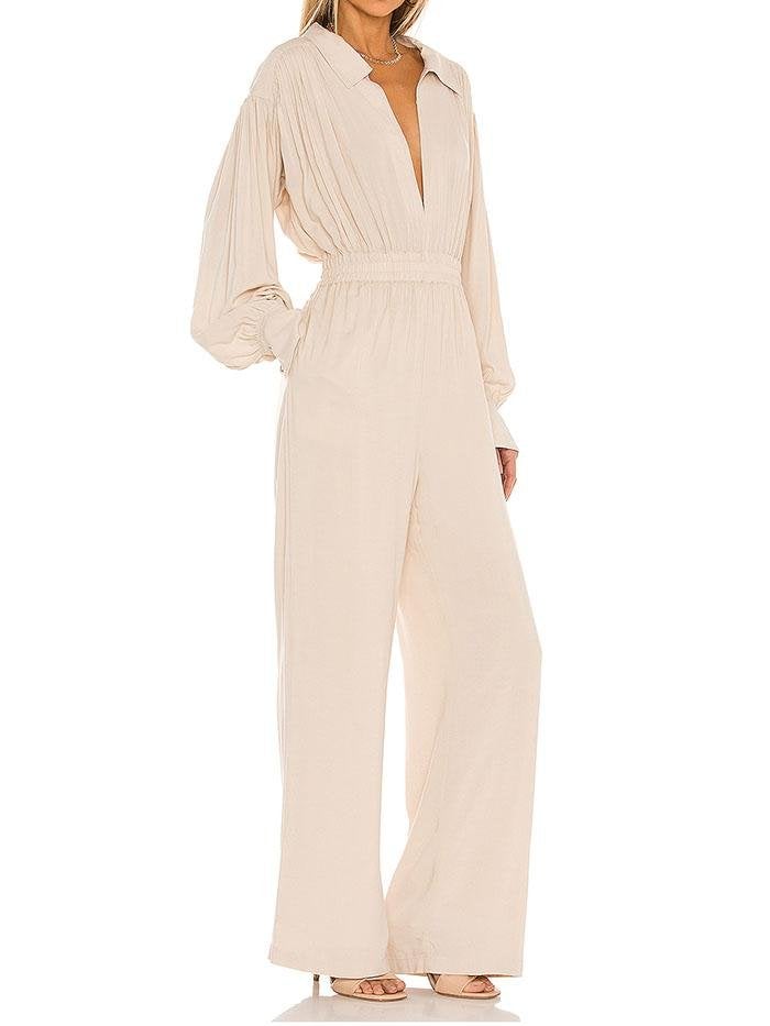 Chiffon Long Sleeve Shirt Ruched Waist Romper - Jumpsuits & Rompers - INS | Online Fashion Free Shipping Clothing, Dresses, Tops, Shoes - 24/04/2021 - Color_Beige - JUM210424010