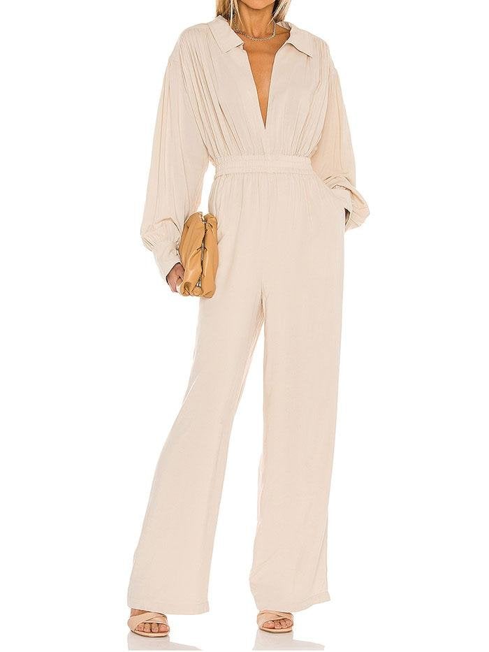 Chiffon Long Sleeve Shirt Ruched Waist Romper - Jumpsuits & Rompers - INS | Online Fashion Free Shipping Clothing, Dresses, Tops, Shoes - 24/04/2021 - Color_Beige - JUM210424010