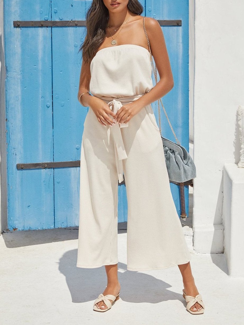 Chiffon Tube Top Strappy Pocket Wide Leg Jumpsuit With Belt - Jumpsuits & Rompers - INS | Online Fashion Free Shipping Clothing, Dresses, Tops, Shoes - 23/04/2021 - Color_White - JUM210423012