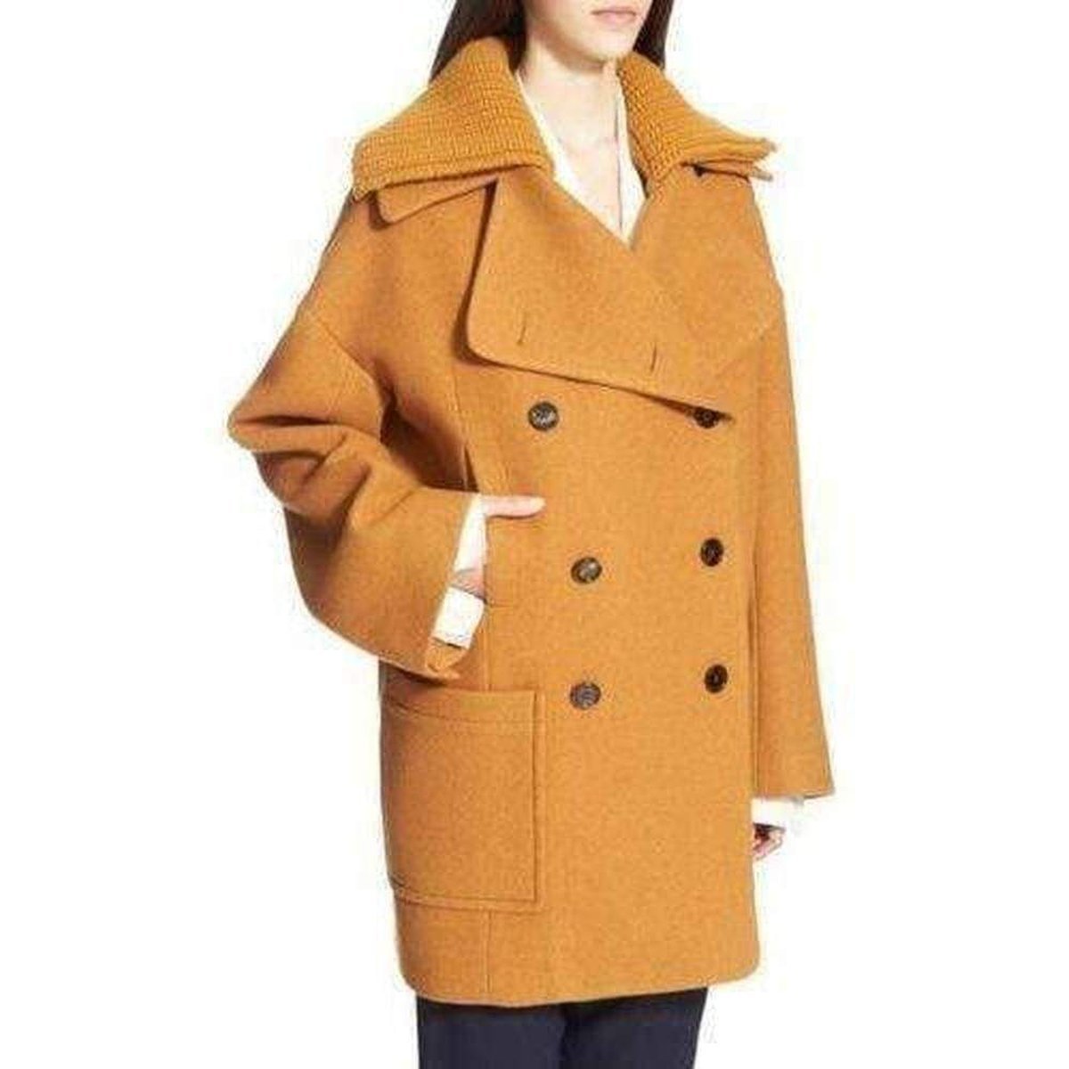 Rib Knit Collar Double Breasted Wool Coat