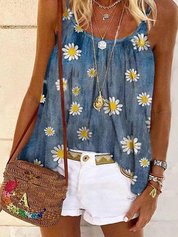 Chrysanthemum Print Camisole Tank Top - Tank Tops - INS | Online Fashion Free Shipping Clothing, Dresses, Tops, Shoes - 17/06/2021 - 20-30 - color-blue