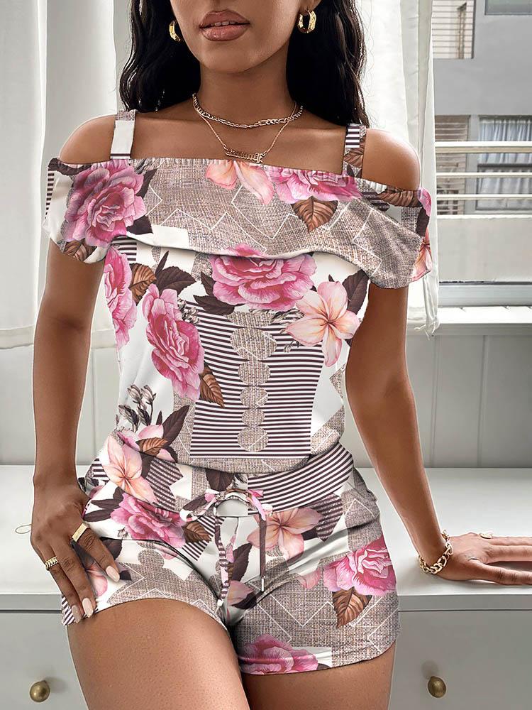 Cold Shoulder Floral Print Top & Drawstring Shorts Set - Two-piece Outfits - INS | Online Fashion Free Shipping Clothing, Dresses, Tops, Shoes - 05/05/2021 - Color_Multicolor - SET210505039