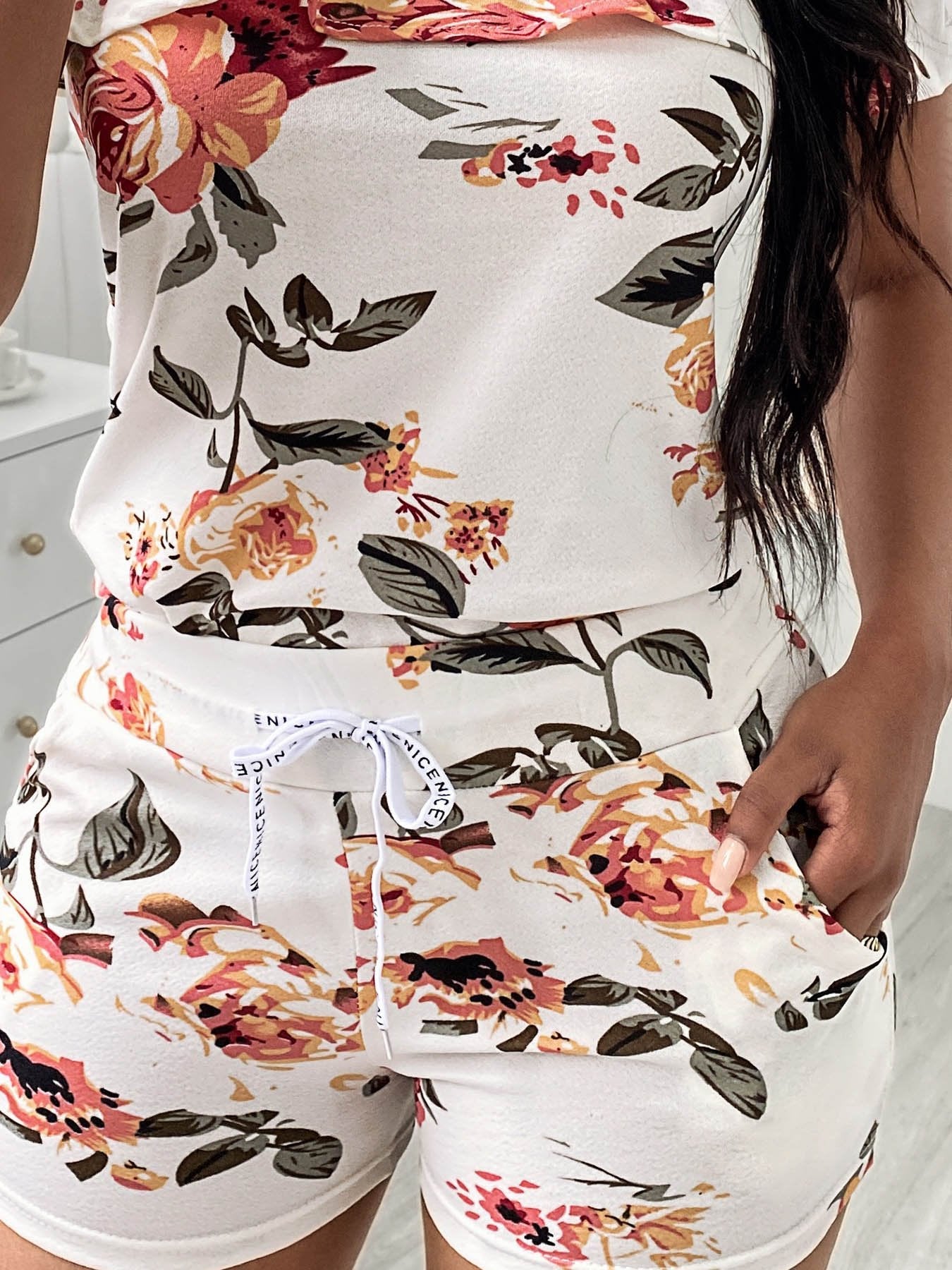 Cold Shoulder Floral Print Top & Drawstring Shorts Set - Two-piece Outfits - INS | Online Fashion Free Shipping Clothing, Dresses, Tops, Shoes - 04/05/2021 - Color_White - SET210504047