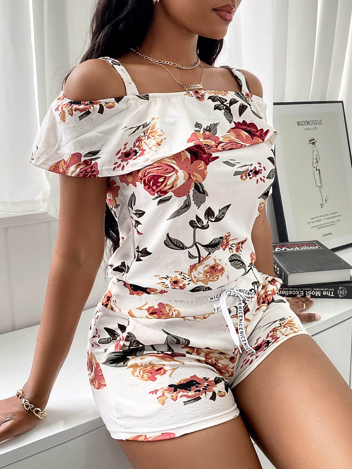 Cold Shoulder Floral Print Top & Drawstring Shorts Set - Two-piece Outfits - INS | Online Fashion Free Shipping Clothing, Dresses, Tops, Shoes - 04/05/2021 - Color_White - SET210504047