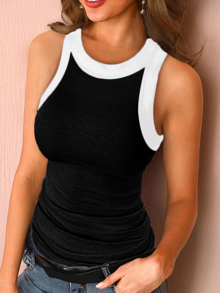 Colorblock Contrast Binding Tank Tops Summer Sleeveless Basic Cami Top Shirt Slim Knit Ribbed Racerback Blouses - Tank Tops - INS | Online Fashion Free Shipping Clothing, Dresses, Tops, Shoes - 28/04/2021 - Color_Black - Color_Khaki