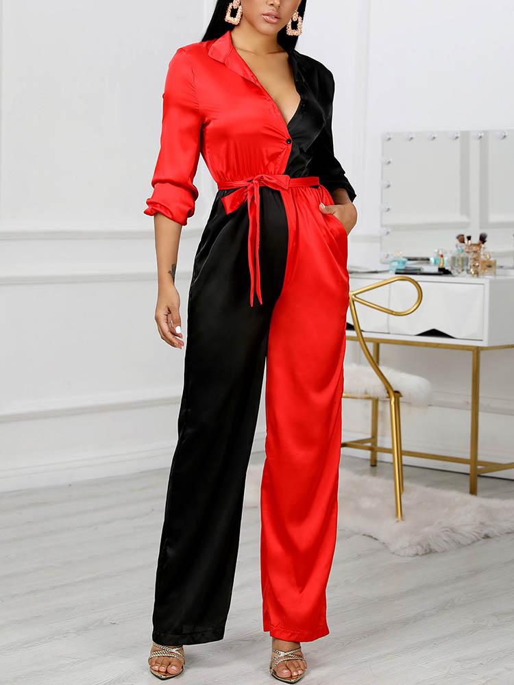 Colorblock Long Sleeve Knotted Jumpsuit - Jumpsuits & Rompers - INS | Online Fashion Free Shipping Clothing, Dresses, Tops, Shoes - 30/04/2021 - Color_Red - JUM210430055