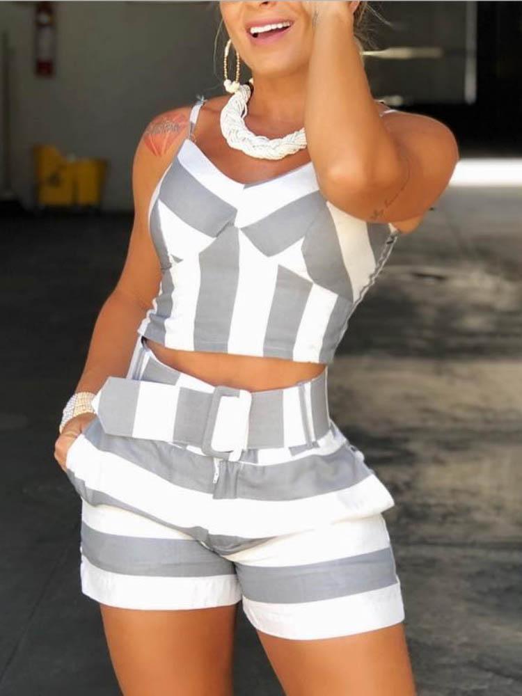 Colorblock Striped Cami Top & Short Sets - Two-piece Outfits - INS | Online Fashion Free Shipping Clothing, Dresses, Tops, Shoes - 05/05/2021 - Color_Gray - SET210505038