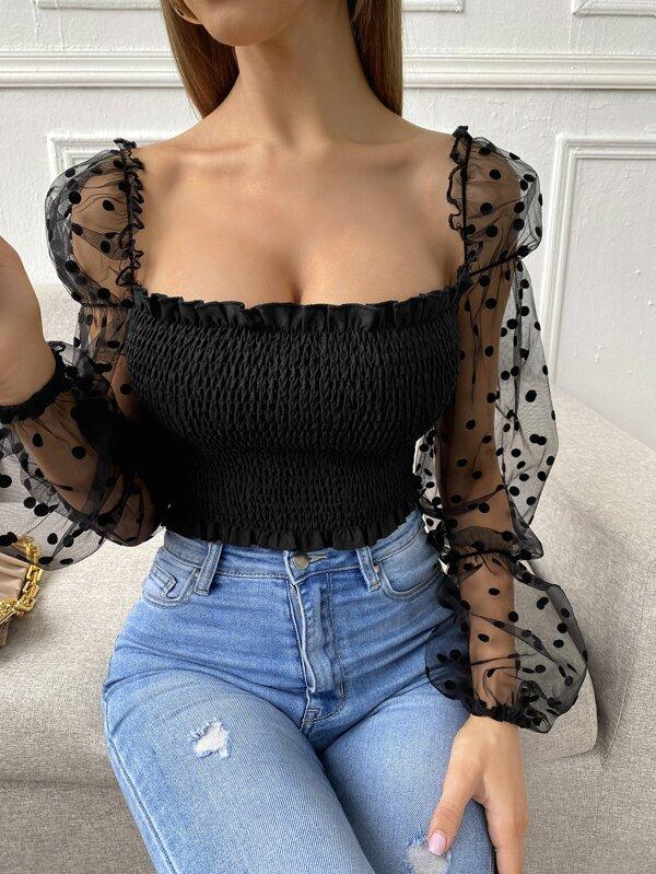 Contrast Dobby Mesh Sleeve Shirred Frill Top - INS | Online Fashion Free Shipping Clothing, Dresses, Tops, Shoes