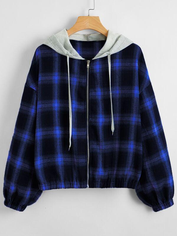 Contrast Hooded Plaid Zip Up Jacket - INS | Online Fashion Free Shipping Clothing, Dresses, Tops, Shoes