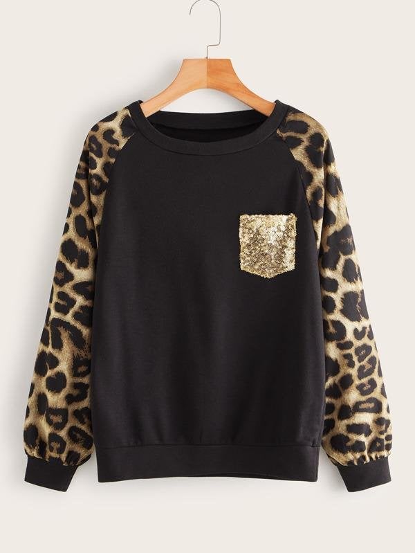 Contrast Leopard Print Sequin Pocket Sweatshirt - INS | Online Fashion Free Shipping Clothing, Dresses, Tops, Shoes