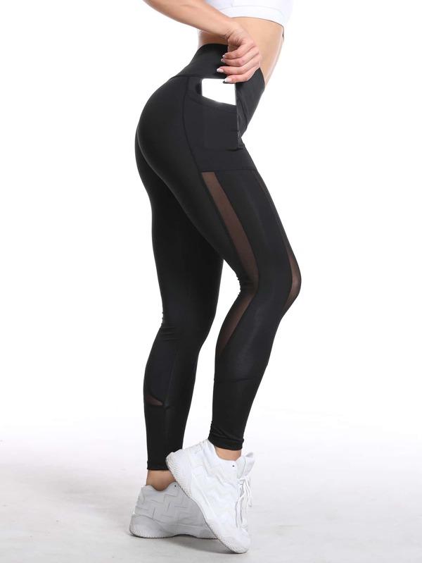 Contrast Mesh Wide Waistband Sports Leggings - INS | Online Fashion Free Shipping Clothing, Dresses, Tops, Shoes