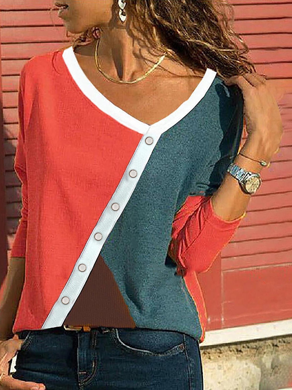 Contrasting Color Long-sleeved Casual T-shirt - T-shirts - INS | Online Fashion Free Shipping Clothing, Dresses, Tops, Shoes - 20-30 - 30/06/2021 - color-red