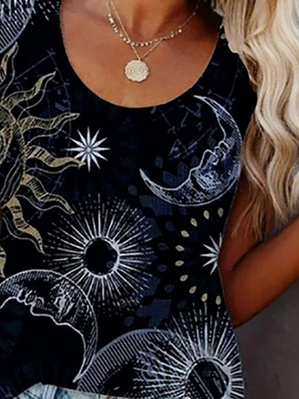 Crew Neck Moon Print Sleeveless Tank Top - Vests - INS | Online Fashion Free Shipping Clothing, Dresses, Tops, Shoes - 05/18/2021 - Category_Vests - Color_Black