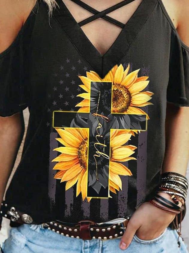 Cross Sunflower Print Off-shoulder T-shirt - T-Shirts - INS | Online Fashion Free Shipping Clothing, Dresses, Tops, Shoes - 24/05/2021 - Category_T-Shirts - Color_Black